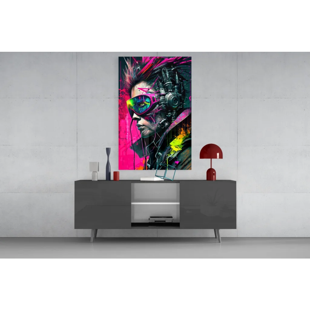 Vibrant neon cyberpunk girl glass wall art with pink hair and goggles