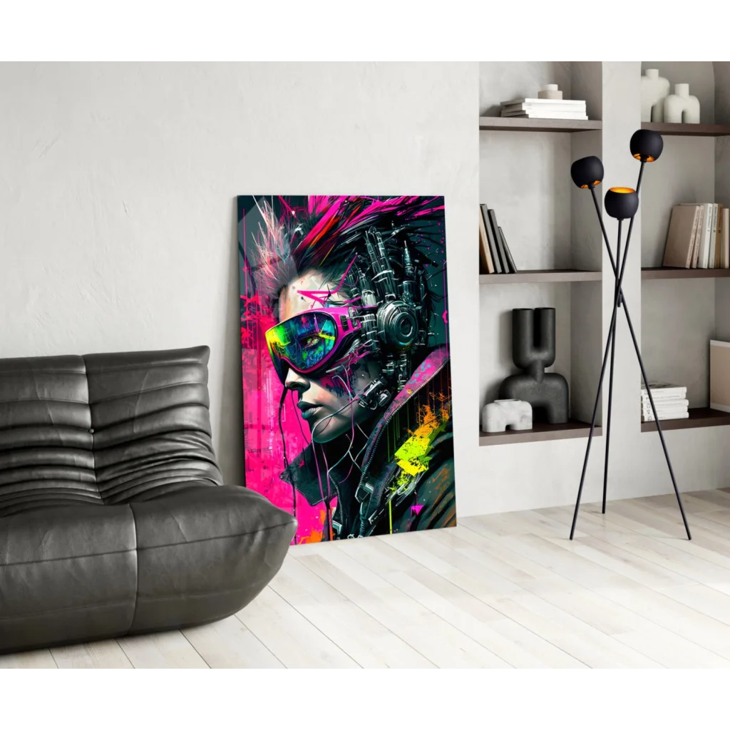 Vibrant neon cyberpunk girl glass wall art with electric pink hair