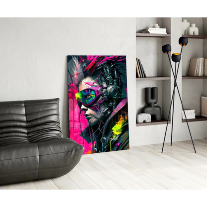 Vibrant neon cyberpunk girl glass wall art with electric pink hair