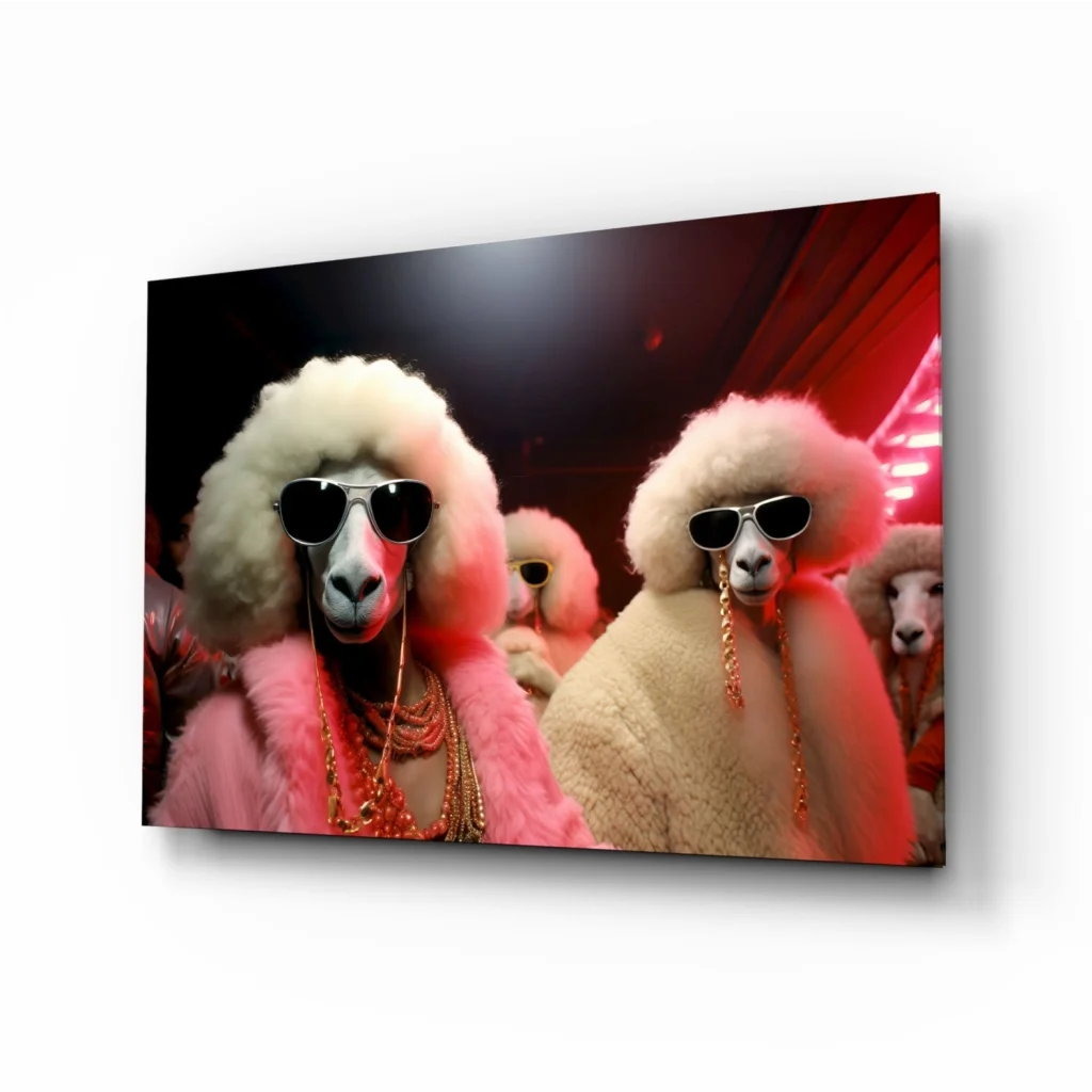 Vibrant poodles in pink fur canvas wall art with gold chains