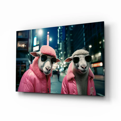 Two sheep in vibrant pink puffer jackets on glass wall art urban night scene
