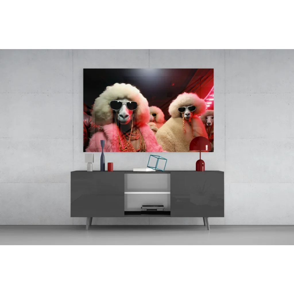 Glamorous poodles in pink furs canvas wall art print