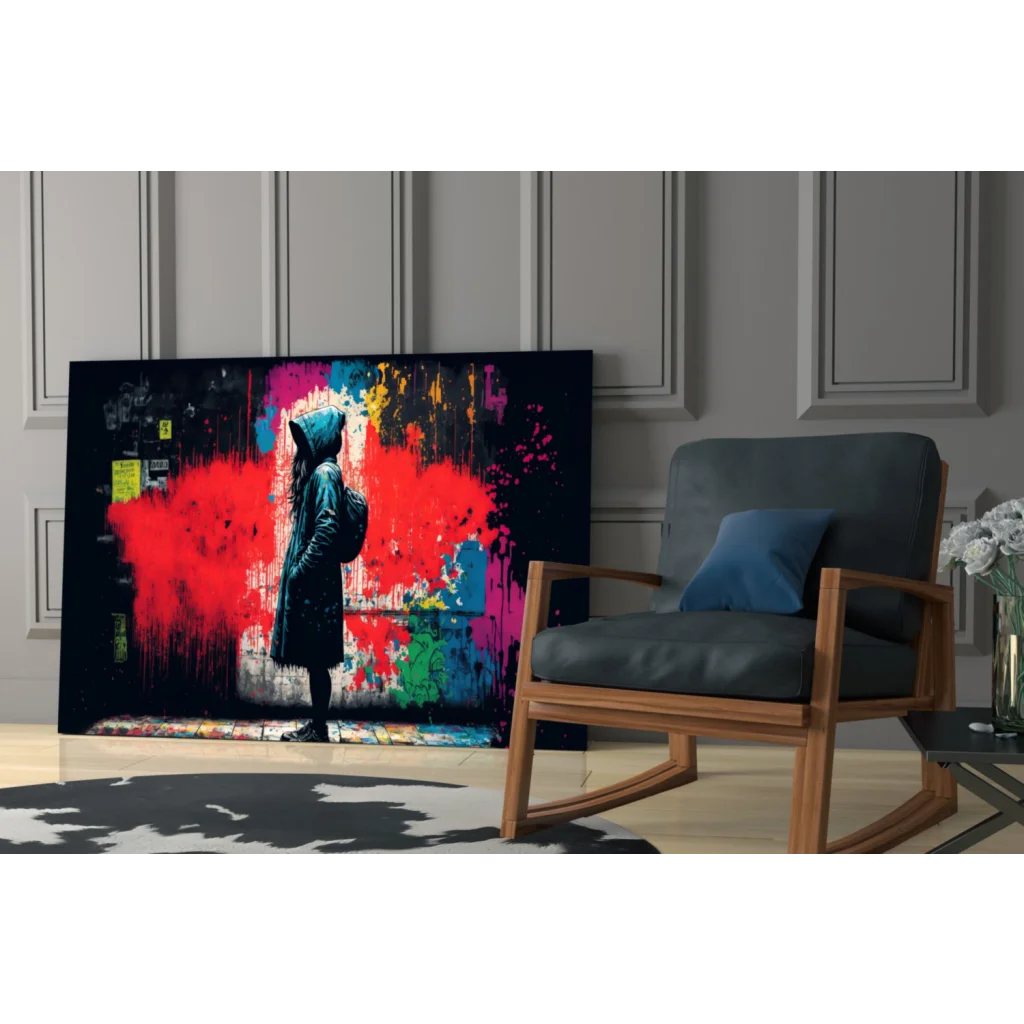 Vibrant hooded figure silhouette on explosive urban graffiti glass wall art canvas