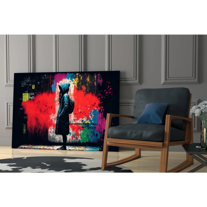Vibrant hooded figure silhouette on explosive urban graffiti glass wall art canvas