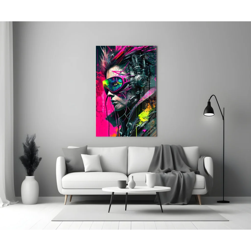 Vibrant neon pink cyberpunk girl glass wall art with electric blue sunglasses