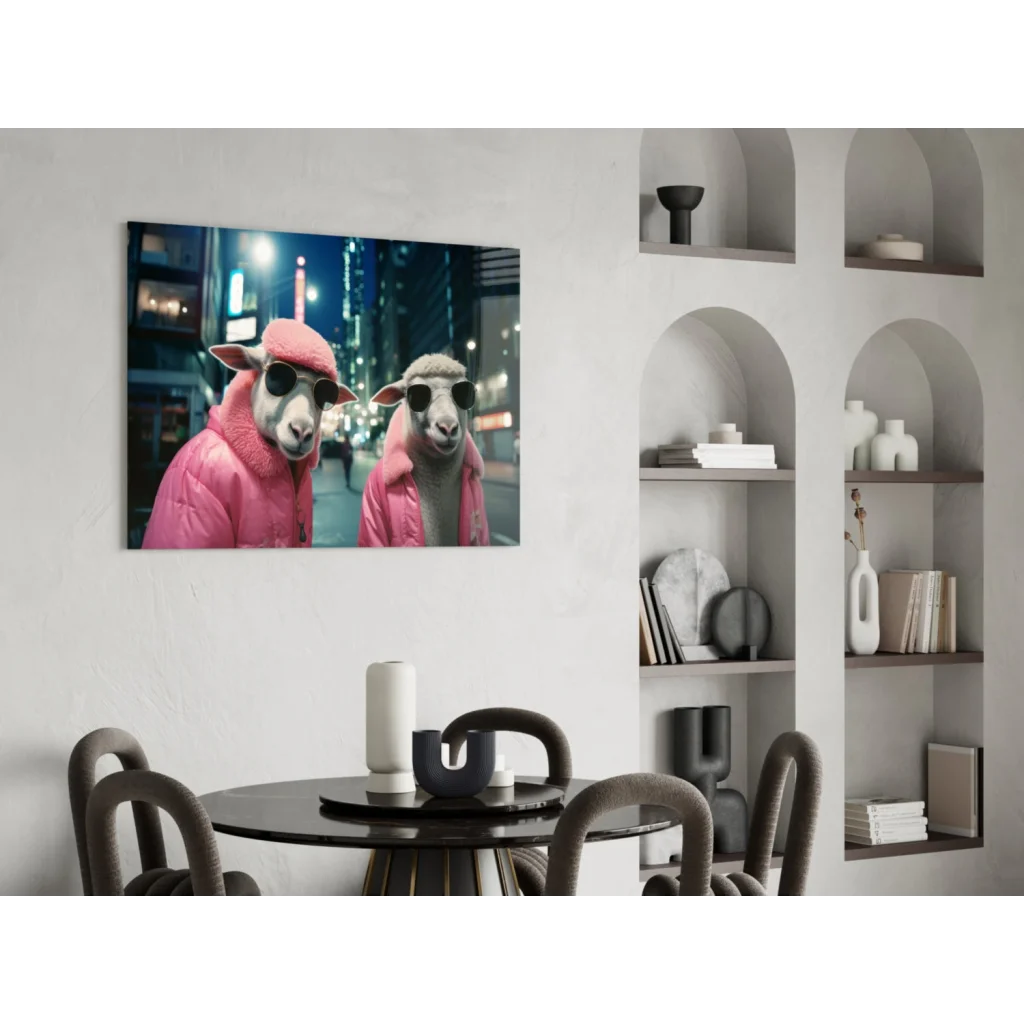 Two sheep in pink puffer jackets on glowing urban night glass wall art