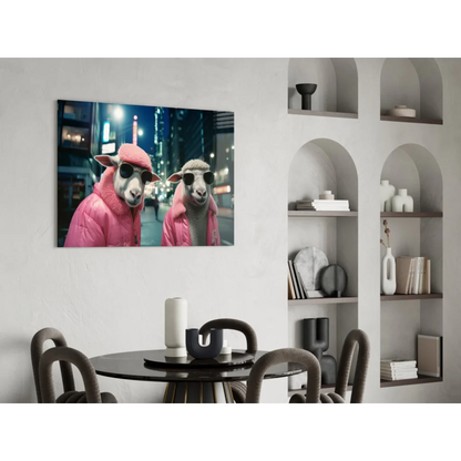 Two sheep in pink puffer jackets on glowing urban night glass wall art