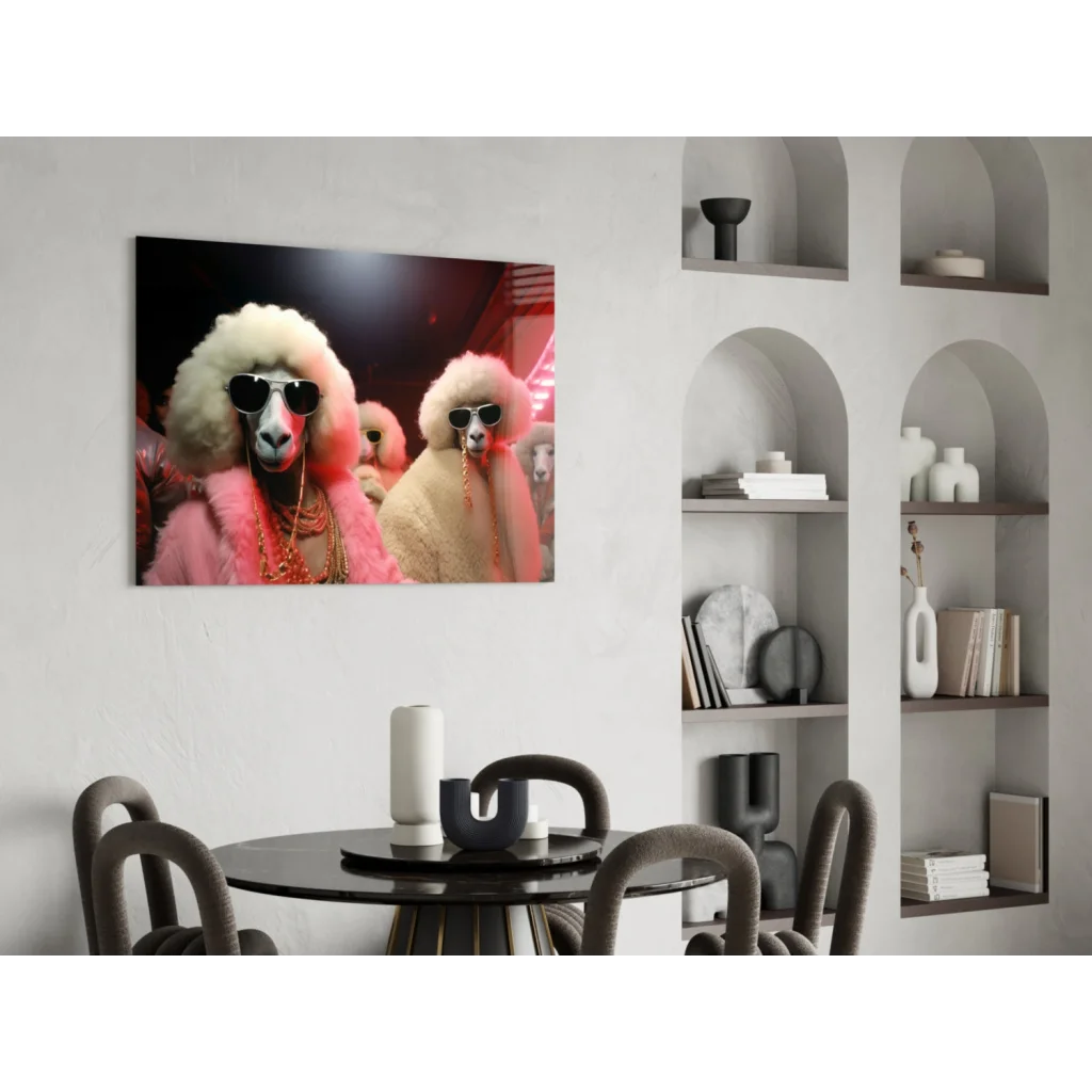 Glamorous poodles in pink furs canvas wall art with neon backdrop