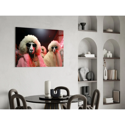 Glamorous poodles in pink furs canvas wall art with neon backdrop