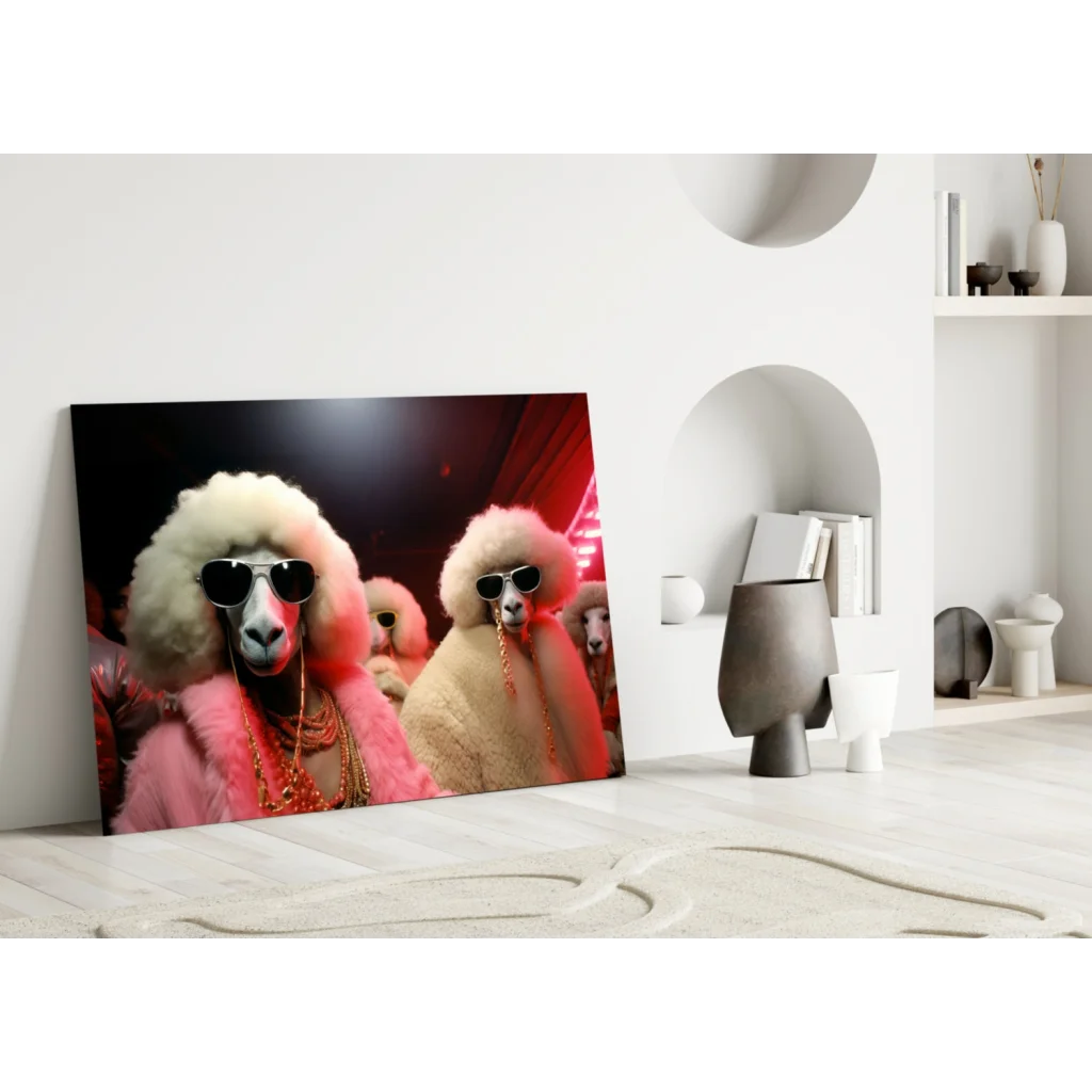 Glamorous poodles in pink furs canvas wall art print
