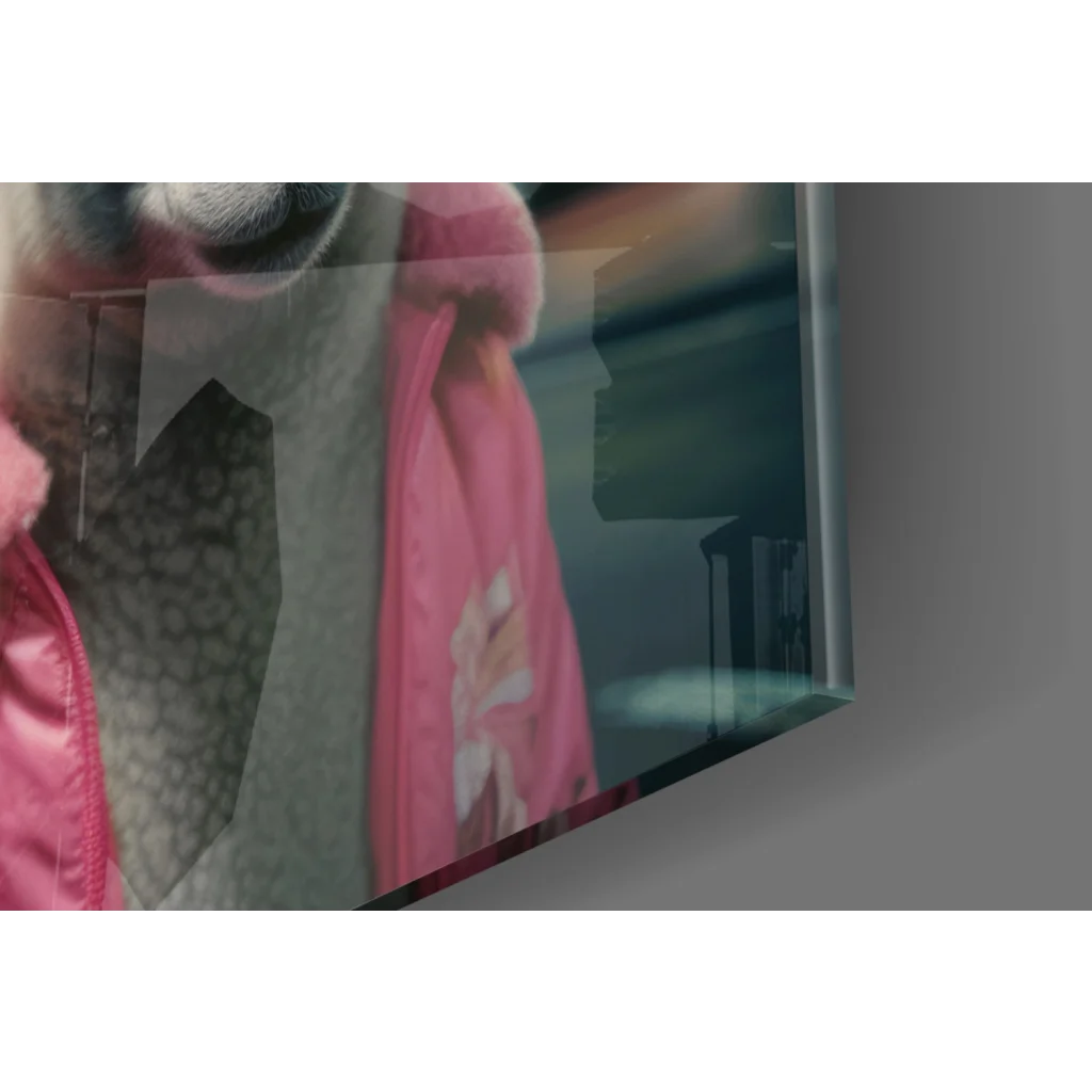 Pink puffer sheep jacket on glass wall art urban night scene