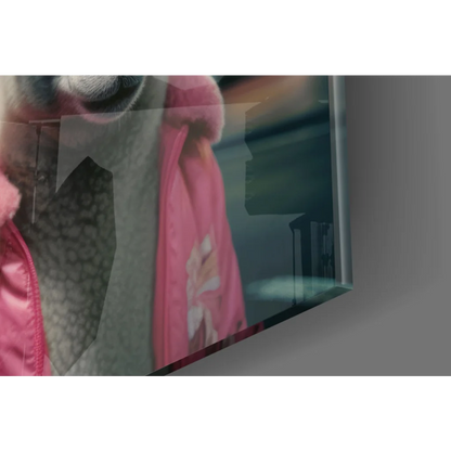 Pink puffer sheep jacket on glass wall art urban night scene