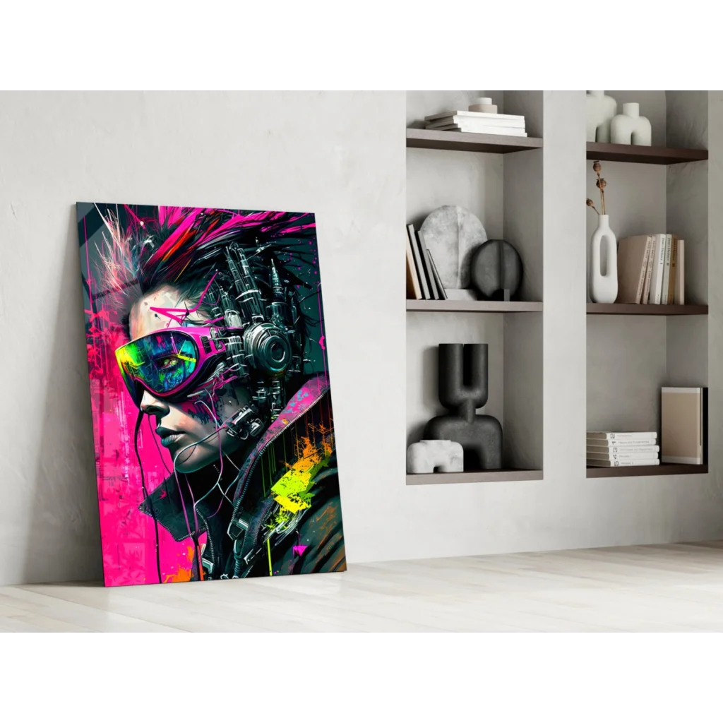 Vibrant neon pink cyberpunk girl glass wall art with electric blue hair on canvas
