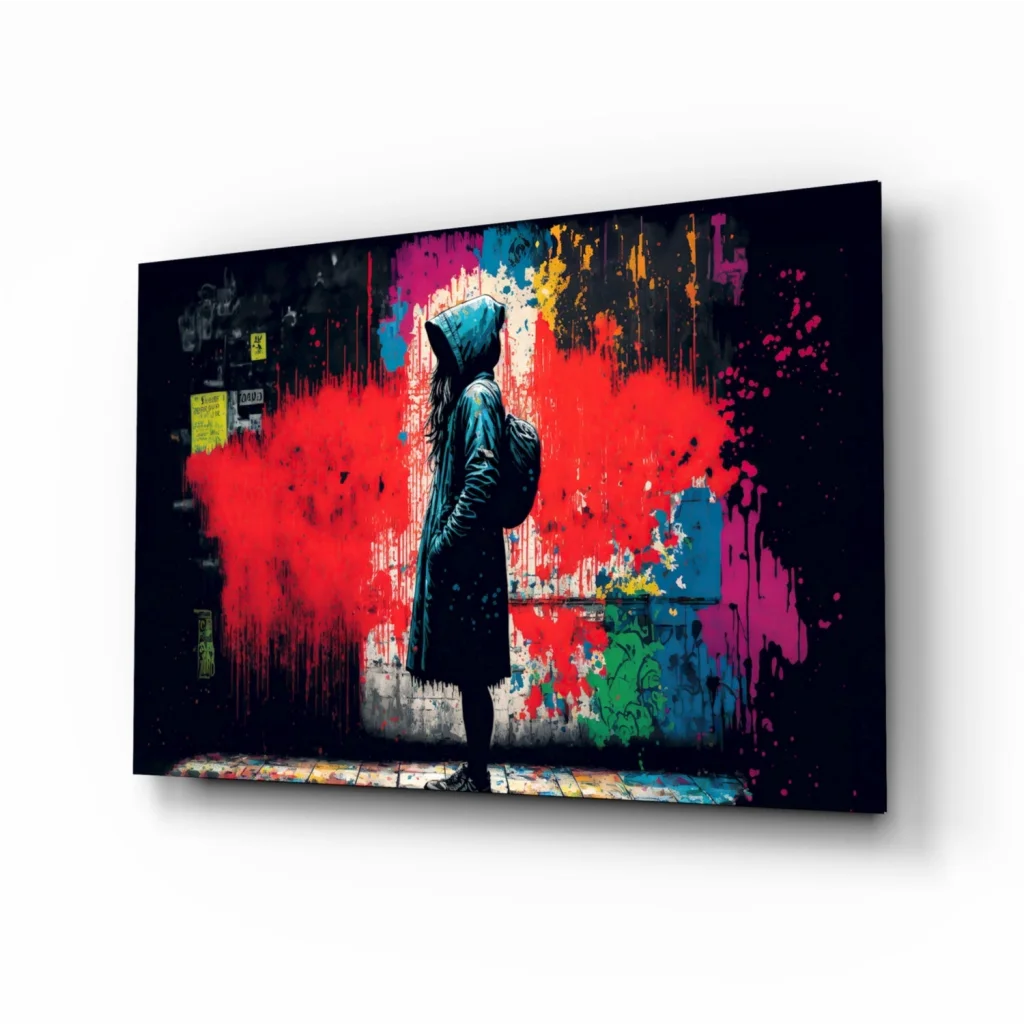 Vibrant explosive urban graffiti glass wall art canvas print with solitary figure in dark coat amid bold red pink blue splatters