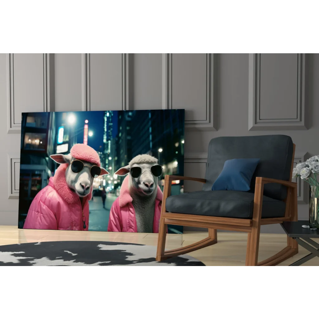Two sheep in pink puffers on vibrant glass wall art urban night scene