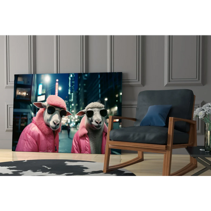 Two sheep in pink puffers on vibrant glass wall art urban night scene