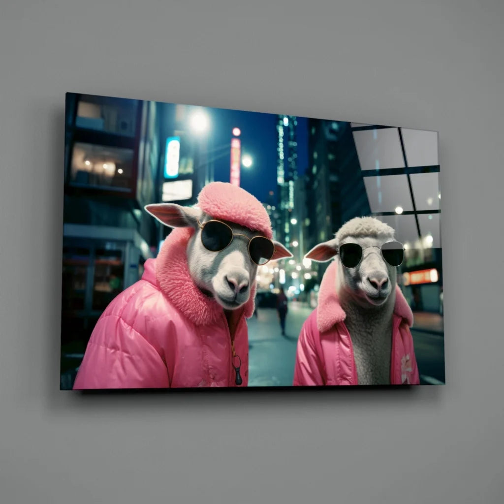 Two sheep in pink puffer jackets and sunglasses on glass wall art urban night scene