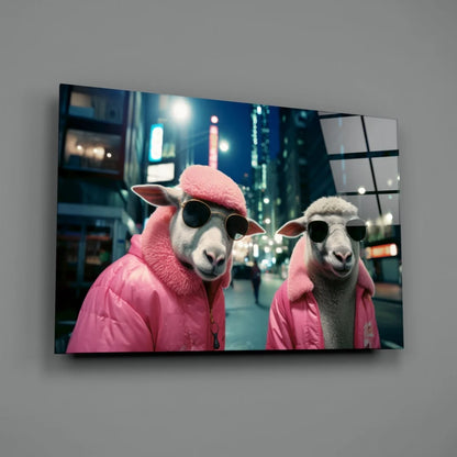 Two sheep in pink puffer jackets and sunglasses on glass wall art urban night scene
