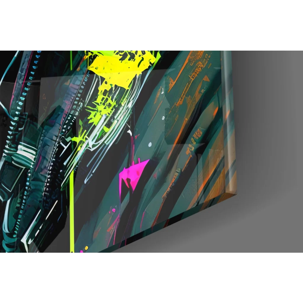 Vibrant neon cyberpunk girl glass wall art with pink hair splashes