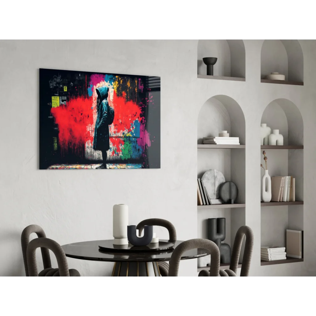Vibrant hooded silhouette on explosive urban graffiti glass wall art canvas