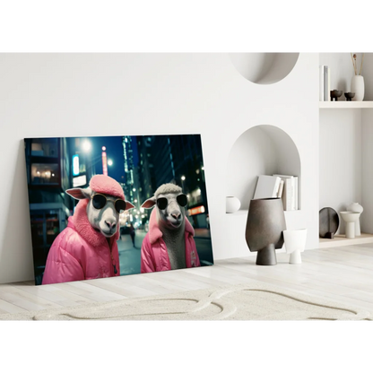 Sheep in pink puffer jackets on glass wall art urban night scene