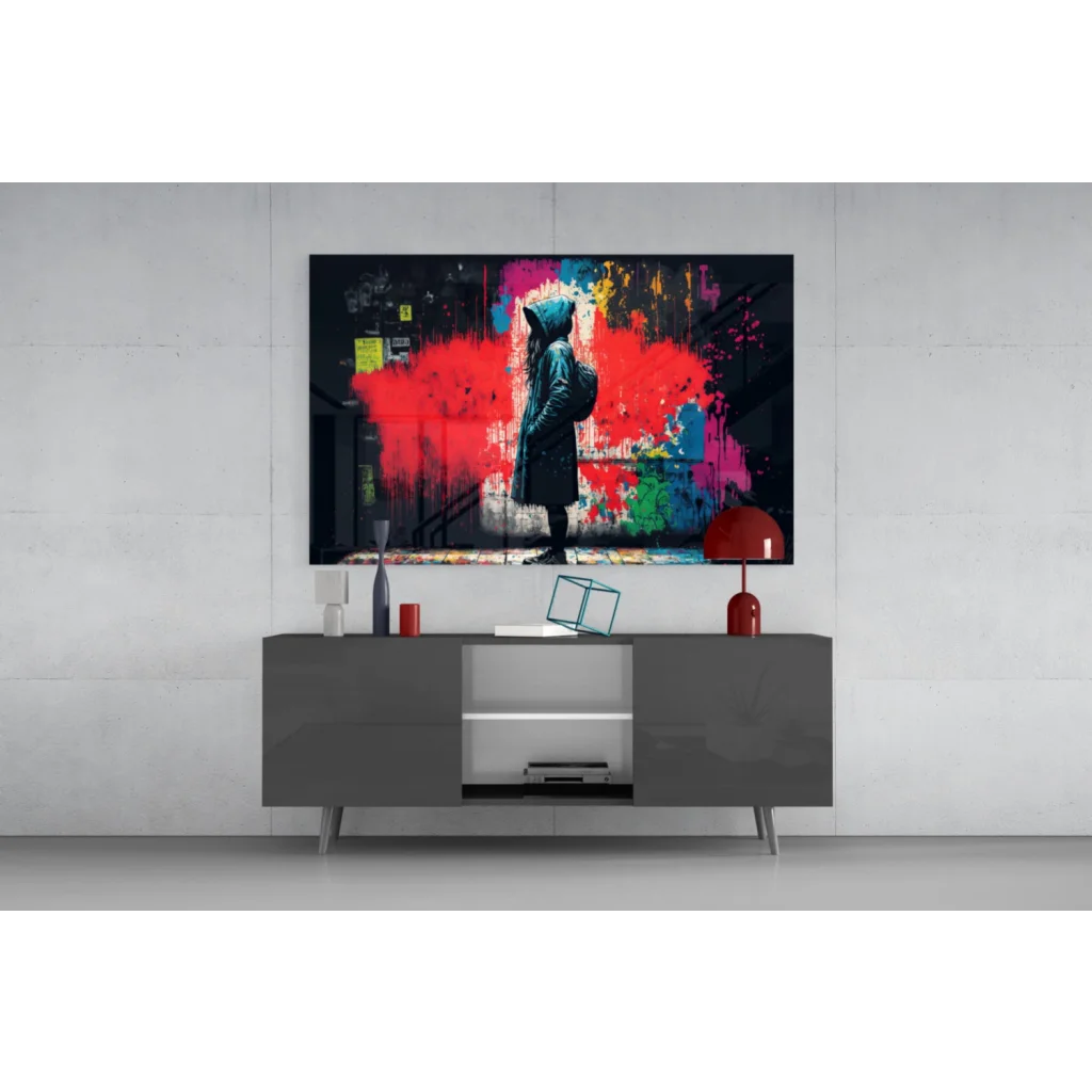 Vibrant hooded silhouette on explosive urban graffiti glass wall art canvas