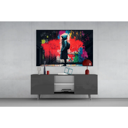 Vibrant hooded silhouette on explosive urban graffiti glass wall art canvas