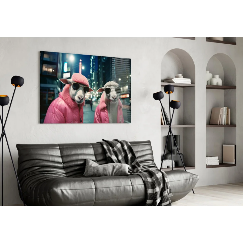 Sheep in pink puffer jackets on vibrant glass wall art urban night scene