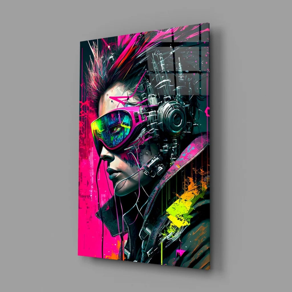 Neon cyberpunk girl glass wall art with vibrant pink spiky hair