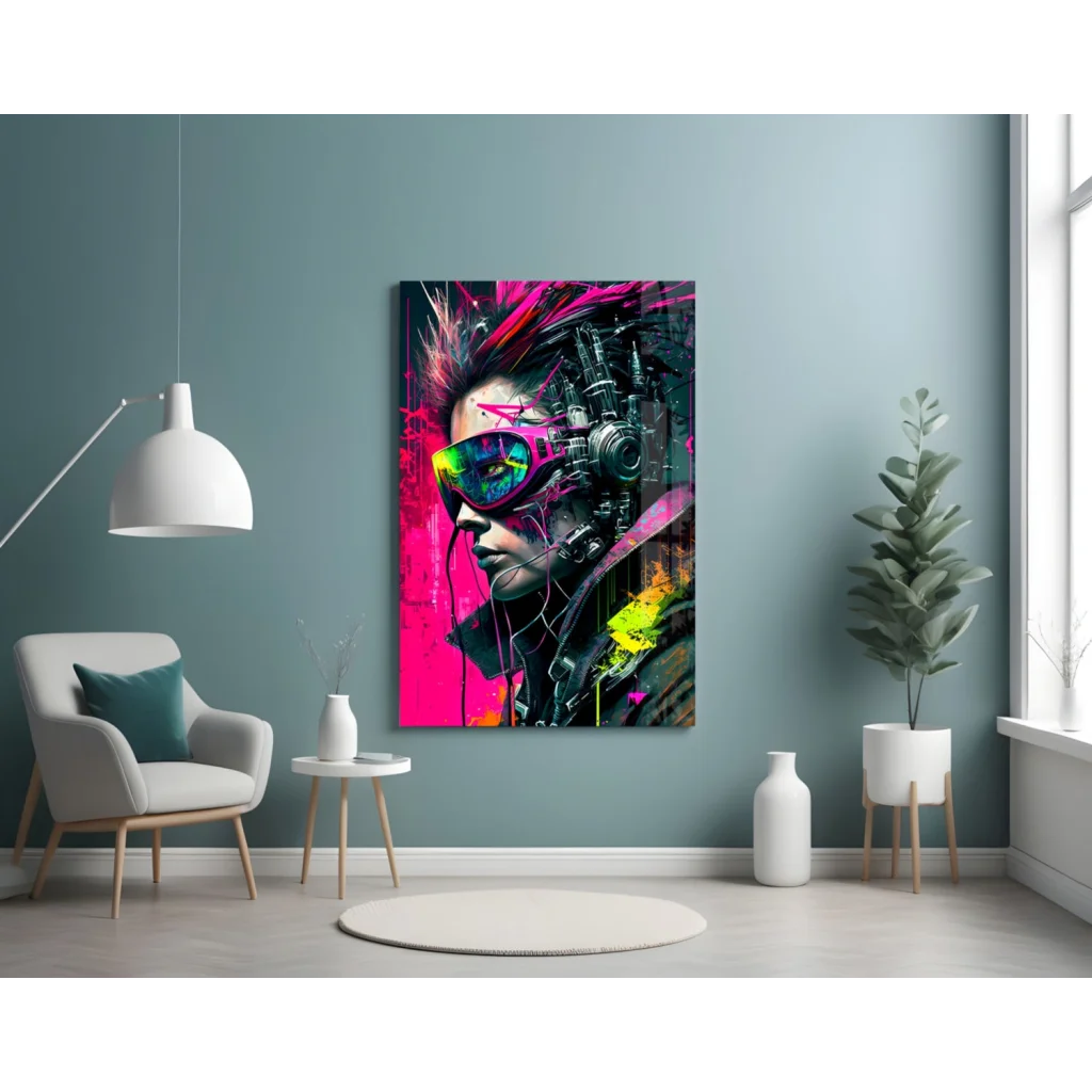 Vibrant neon cyberpunk girl glass wall art with electric pink hair