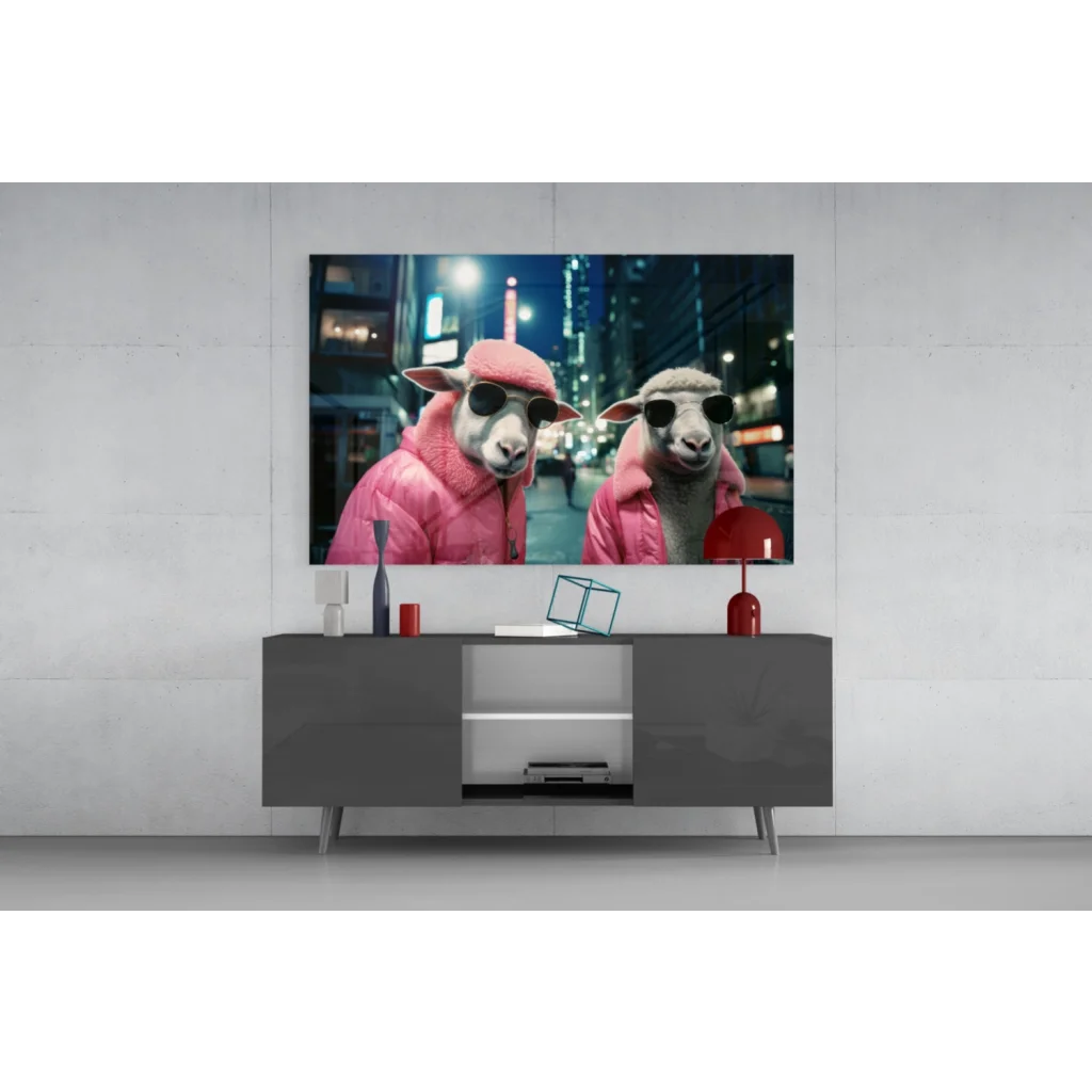 Sheep in pink puffer jackets and shades on glass wall art city night scene