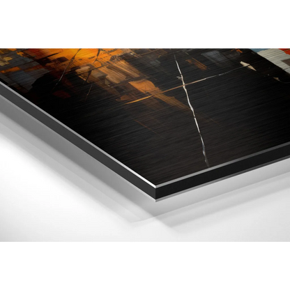 Stunning abstract art on brushed aluminium dibond with bold black, orange, gold strokes
