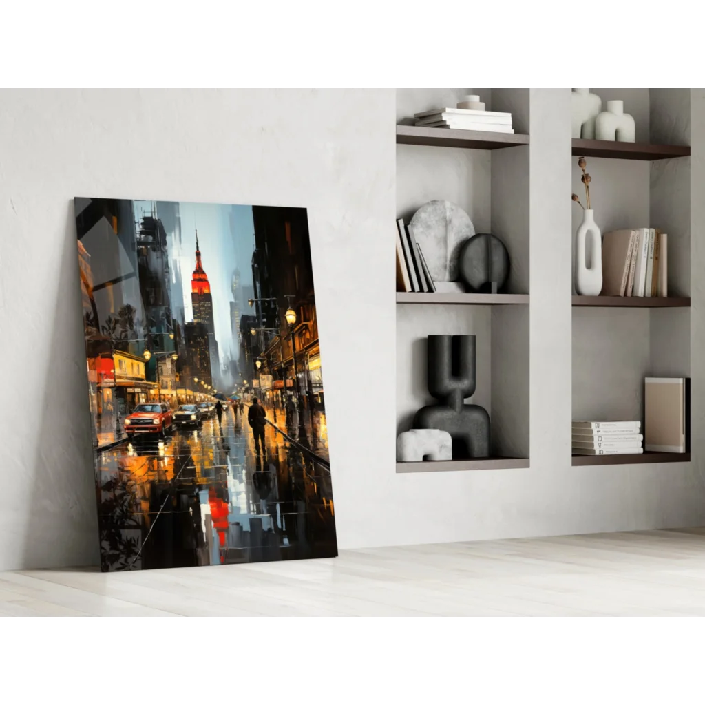 Empire State Building rainy night canvas wall art with wet streets