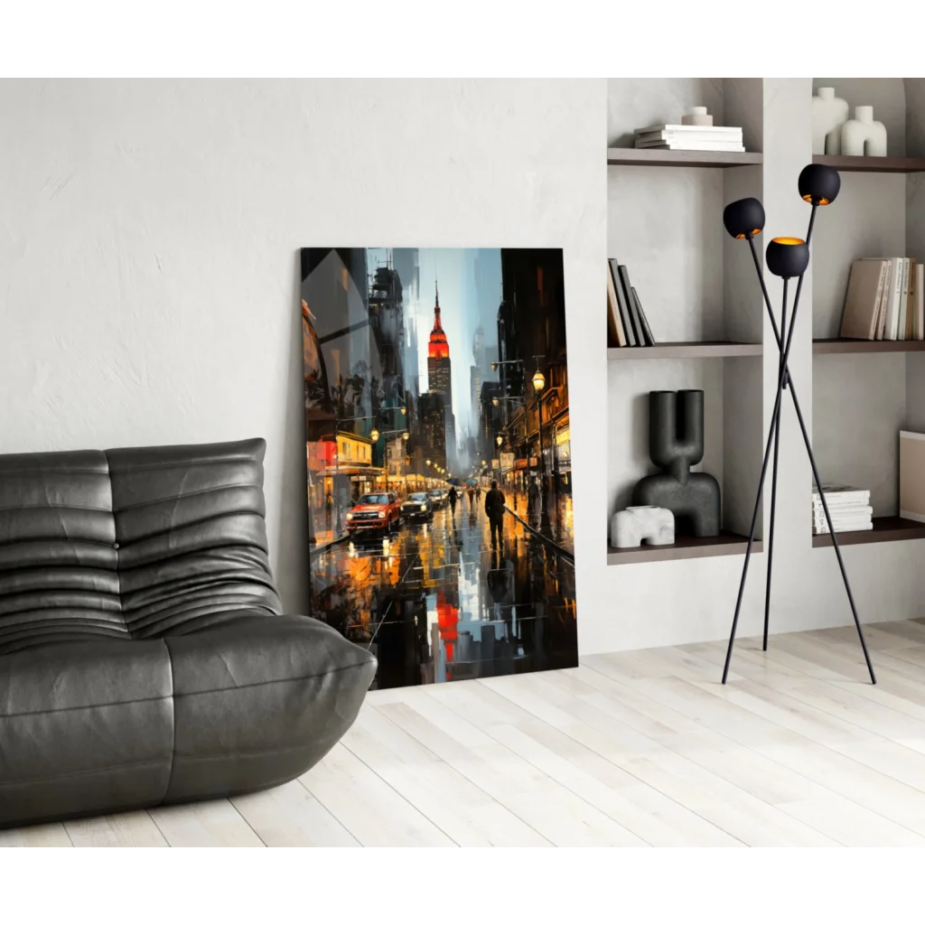 Rainy Empire State Building night street glass wall art