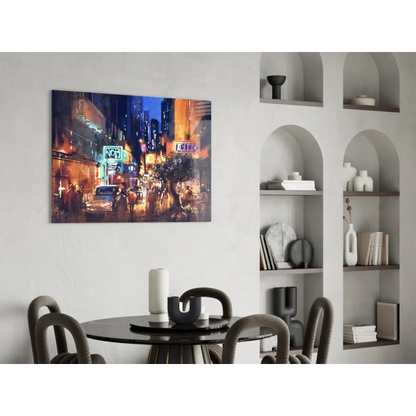 Vibrant neon city nights wall art canvas print with glowing street lights