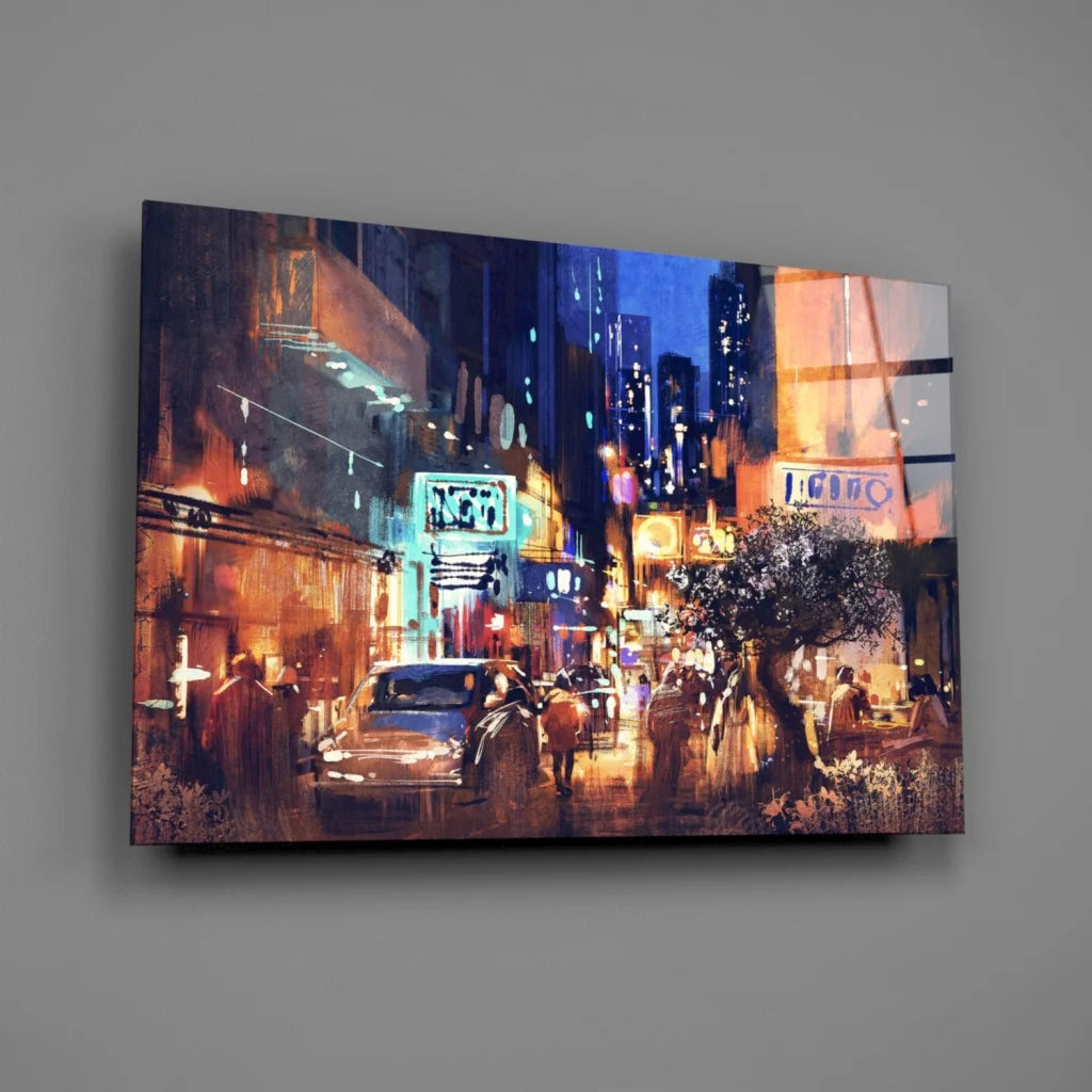 Neon City Nights Canvas Wall Art with Glowing Street Lights | Glass Wall Art Print | vintageantiquesgifts.com