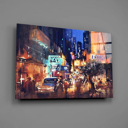 Neon City Nights Canvas Wall Art with Glowing Street Lights | Glass Wall Art Print | vintageantiquesgifts.com
