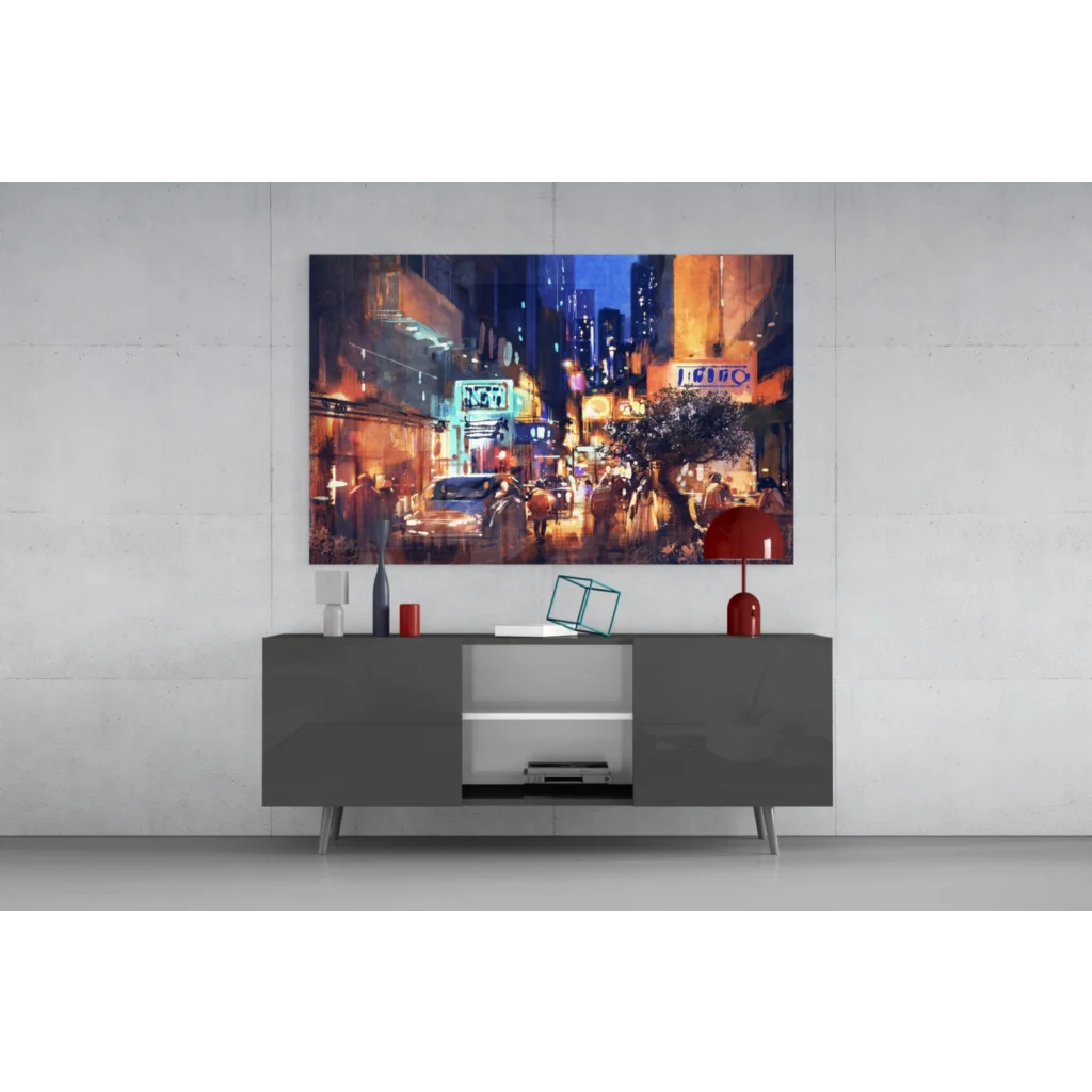 Vibrant neon-lit city nights canvas wall art with glowing street lights