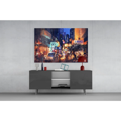 Vibrant neon-lit city nights canvas wall art with glowing street lights