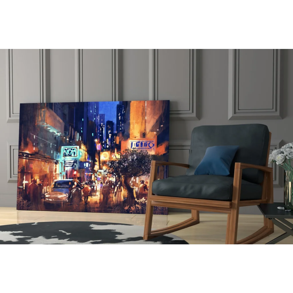 Neon City Nights canvas wall art glowing in modern living room