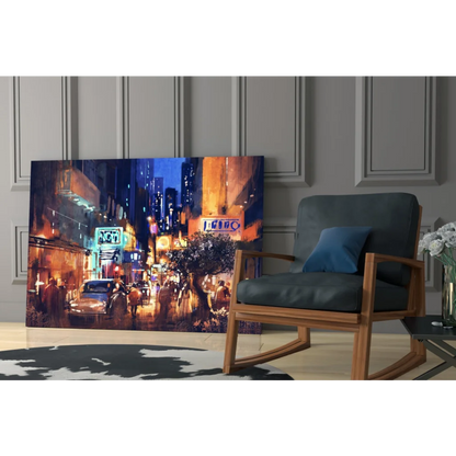 Neon City Nights canvas wall art glowing in modern living room