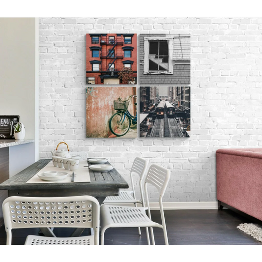 Urban scenes glass wall art set of four square prints with red brick building, vintage green bicycle, and elevated train