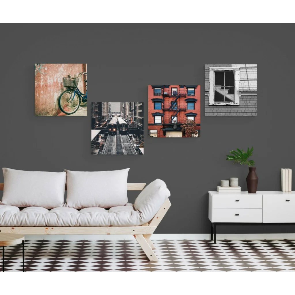 Urban scenes glass wall art set of four framed prints with vintage bicycle