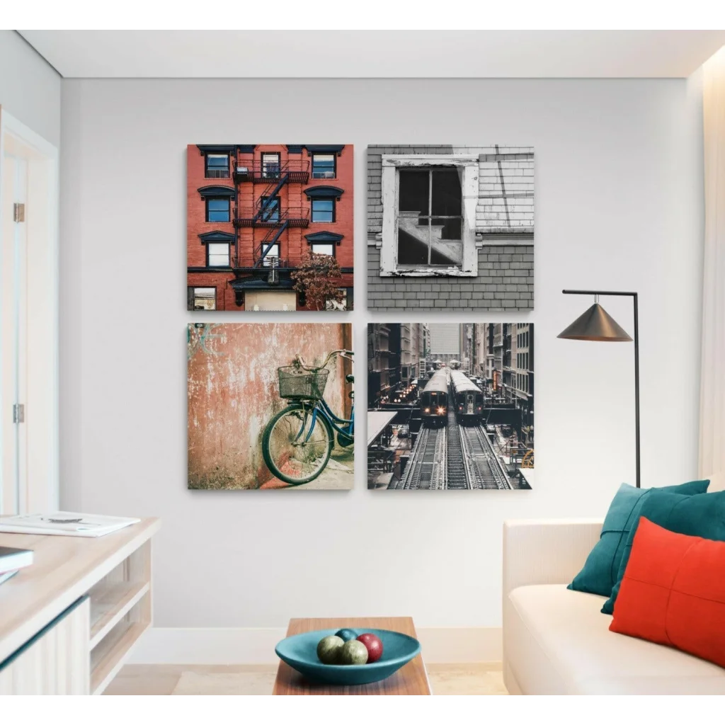Urban scenes glass wall art set of four square prints with brick building and trains