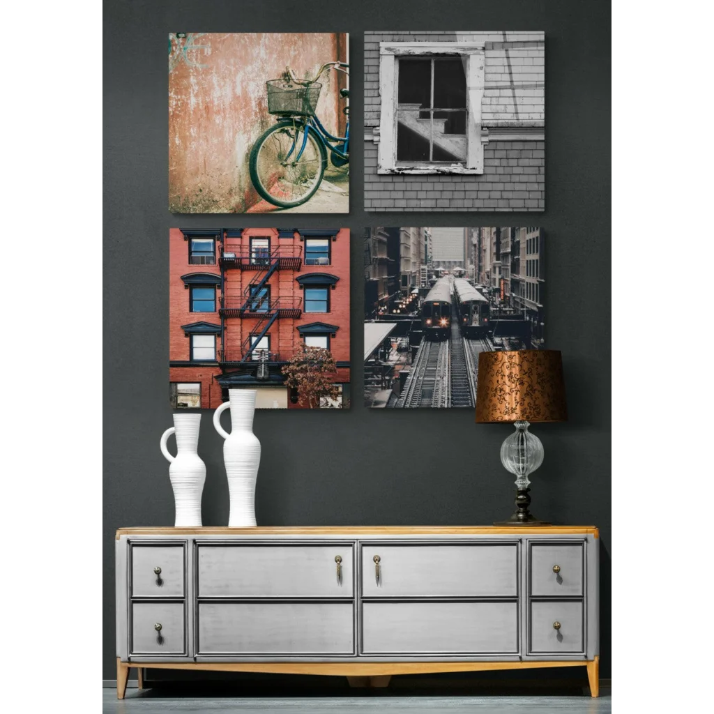 Silver mirrored console table with brass handles and glass wall art set