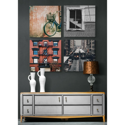 Silver mirrored console table with brass handles and glass wall art set