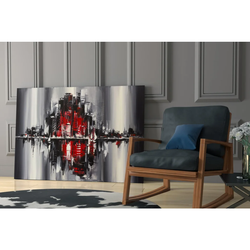 Abstract glass wall art of bold red, black, silver cityscape reflecting in water