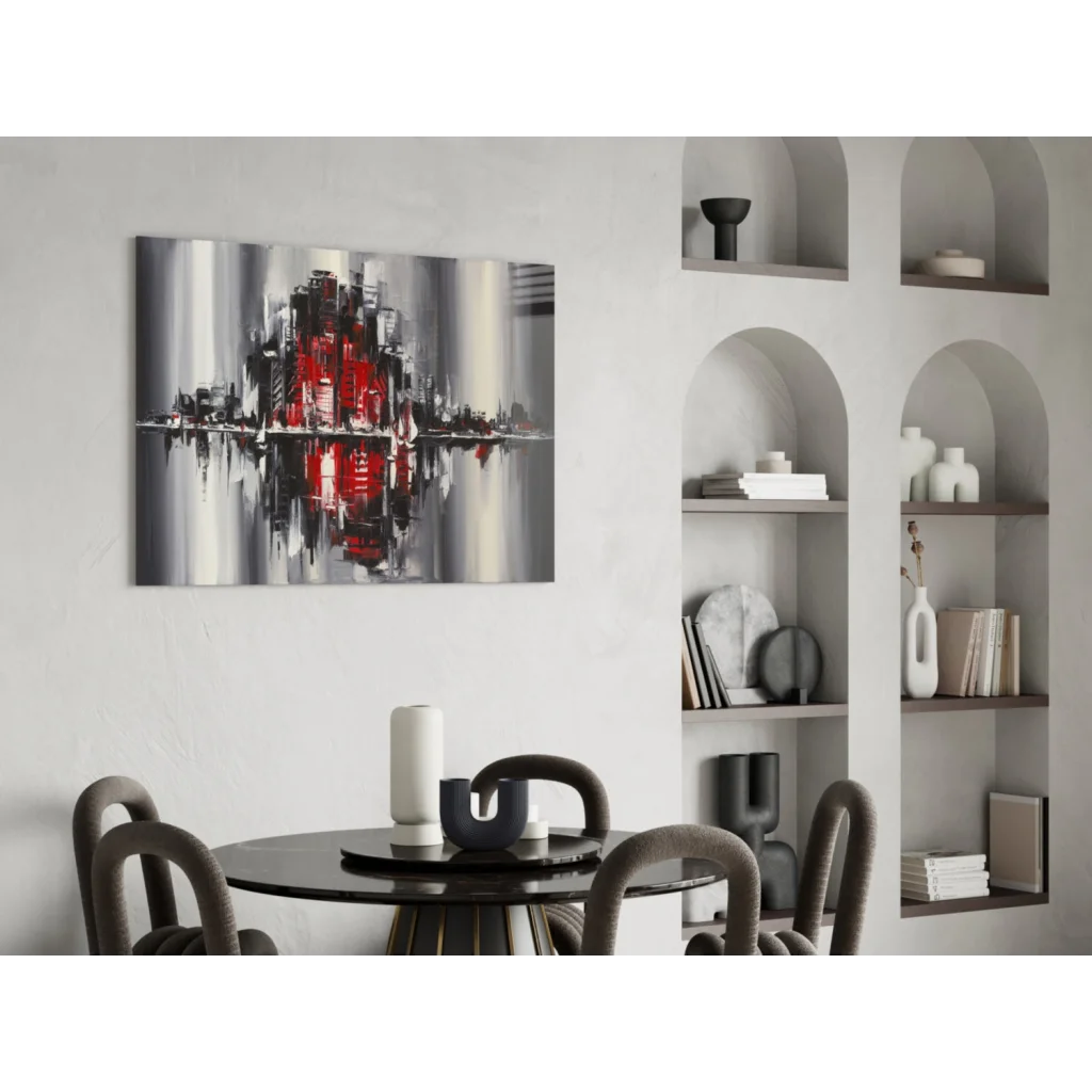 Abstract glass wall art of cityscape in red and gray tones with mirrored reflection
