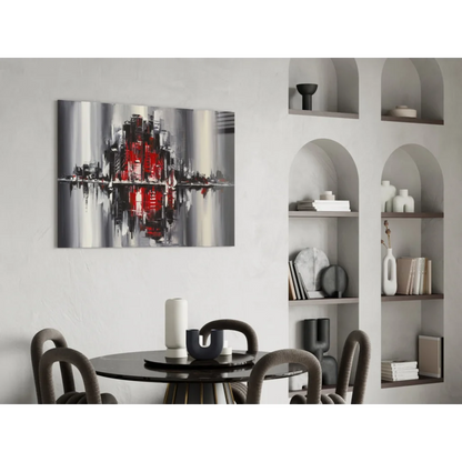 Abstract glass wall art of cityscape in red and gray tones with mirrored reflection