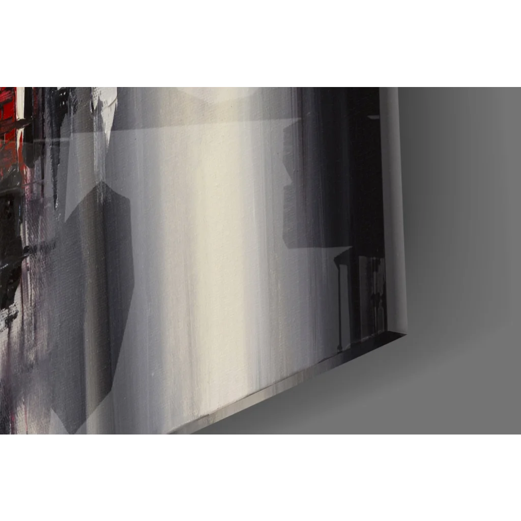 Abstract glass wall art with bold black, white, gray brushstrokes